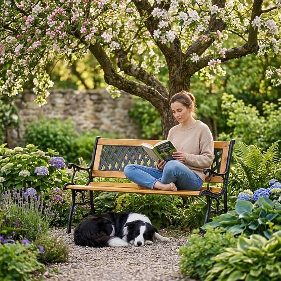 126x51 cm-es fa kerti pad rácsos háttámlával és öntöttvas lábakkal, MultiGarden park