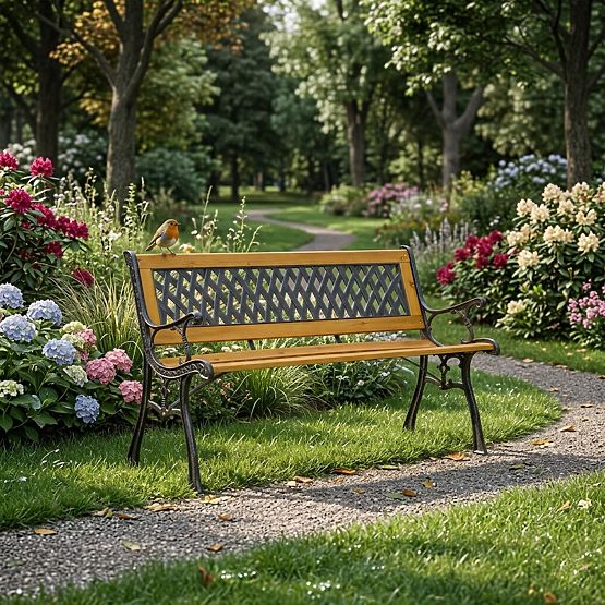 126x51 cm-es fa kerti pad rácsos háttámlával és öntöttvas lábakkal, MultiGarden park