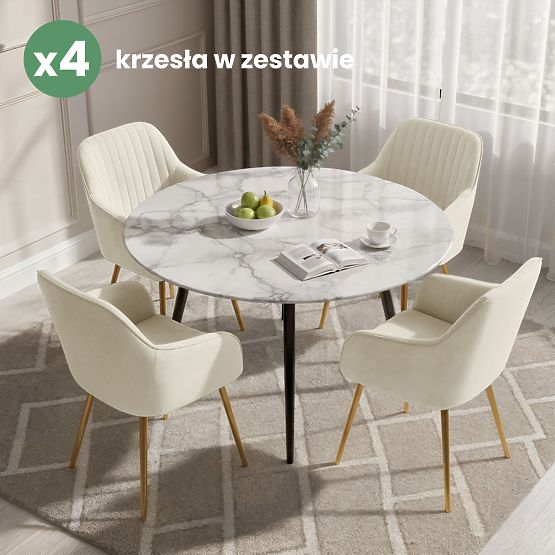 4x Bársony kárpitozott szék varrással Krém FLORENCE Arany lábak