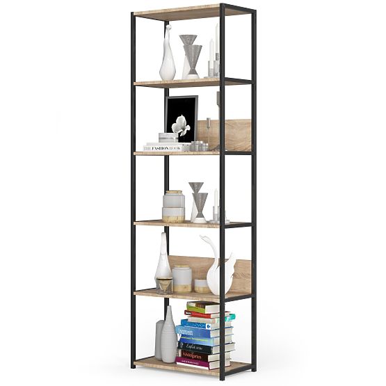 60 cm-es fém loft polc - fekete-sonoma tölgy - 6 polc