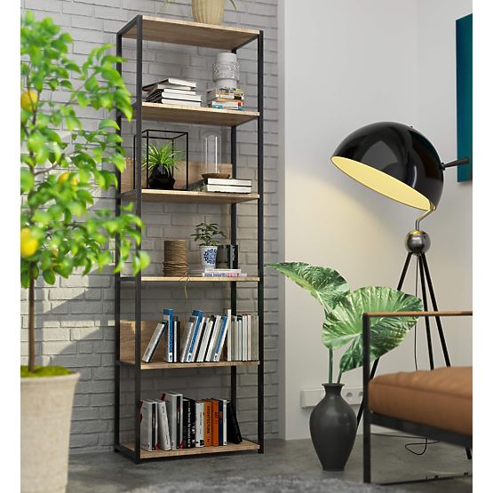 60 cm-es fém loft polc - fekete-sonoma tölgy - 6 polc