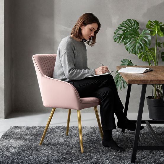 6x Bársony kárpitozott szék függőleges varrással Púderrózsaszín FLORENCE Arany lábak