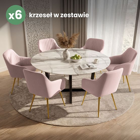 6x Bársony kárpitozott szék függőleges varrással Púderrózsaszín FLORENCE Arany lábak