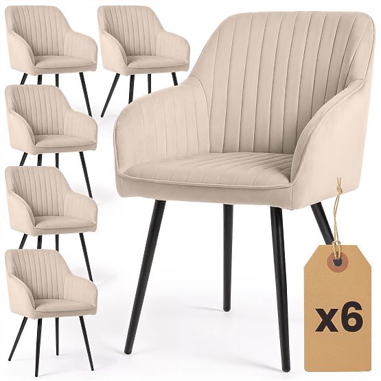 6x Bársony kárpitozott szék varrással Bézs FLORENCE Fekete lábak