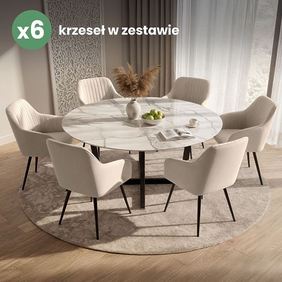 6x Bársony kárpitozott szék varrással Bézs FLORENCE Fekete lábak