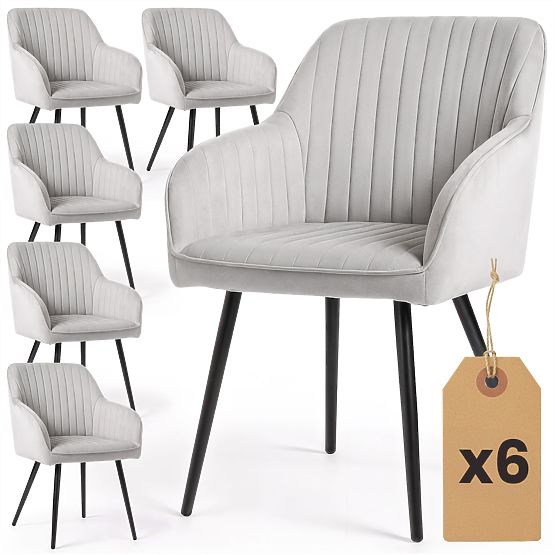 6x Bársony kárpitozott szék varrással Szürke FLORENCE Fekete lábak