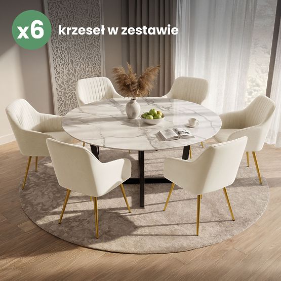 6x Bársonyos kárpitozott szék vertikális varrással Krém FLORENCE Arany lábak