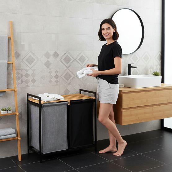 bambusz szennyes vagy játék kosár HANOI BLACK 2 rekesz DUO SZÍN