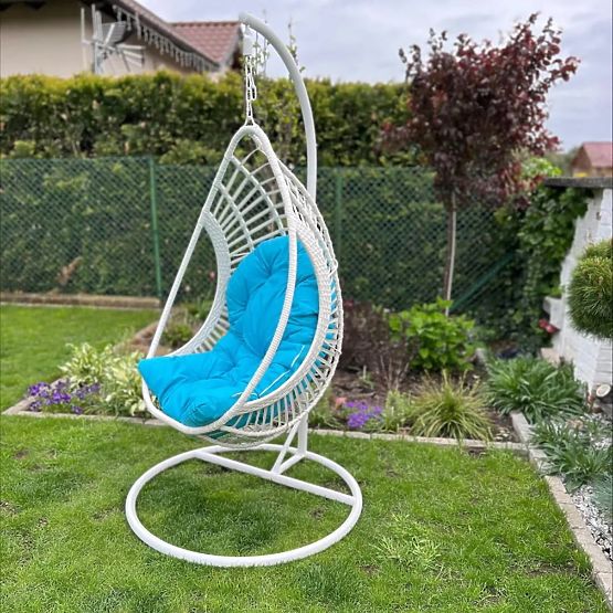 BELLISSIMO függőszék (szék + keret) fehér technorattanból kék párnával, GRA huzat