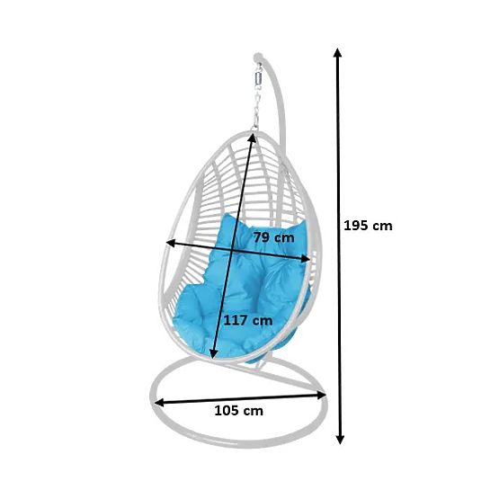 BELLISSIMO függőszék (szék + keret) fehér technorattanból kék párnával, GRA huzat
