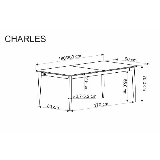 CHARLES kihúzható asztal, lap - szürke márvány, lábak - fekete