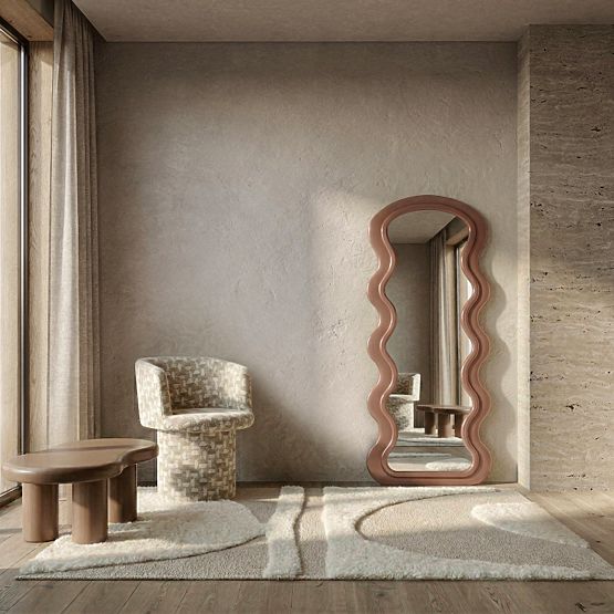 Dekoratív függő tükör fa keretben Vale 177x75 cm, hullámos, organikus forma, mocha mo