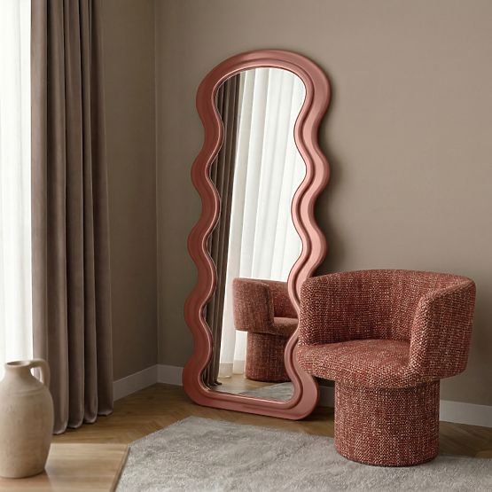 Dekoratív függő tükör fa keretben Vale 177x75 cm, hullámos, organikus forma, mocha mo