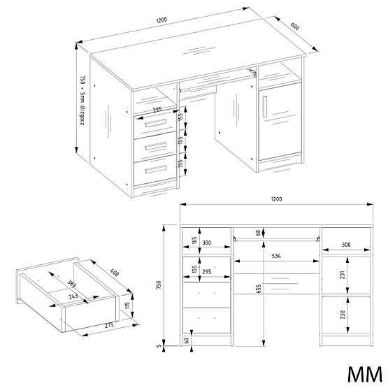 DELTA FEHÉR ÍRÓASZTAL 120 cm 3 Fiók Szekrény Polcok Irodába Számítógéphez