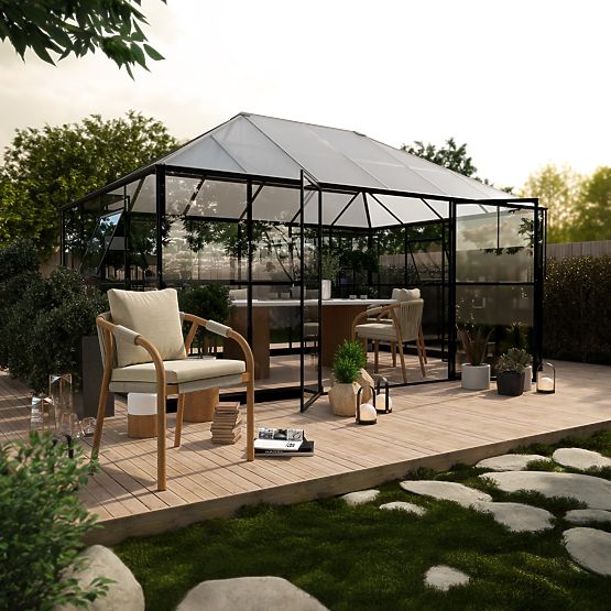 EcoGlass Gazebo Standard Kerti Üvegház Alappal 12 m² Edzett Üveg 4 mm, Polikarbonát 6 mm