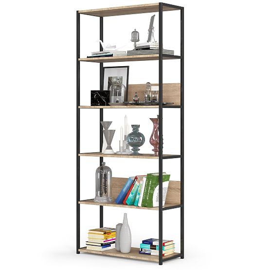 Fém loft polc 80 cm - fekete-sonoma tölgy - 6 polc