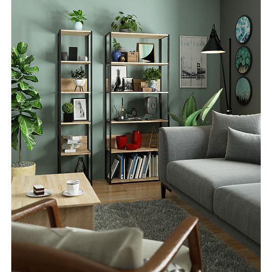 Fém loft polc 80 cm - fekete-sonoma tölgy - 6 polc