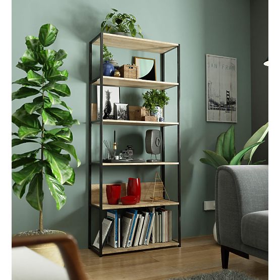 Fém loft polc 80 cm - fekete-sonoma tölgy - 6 polc