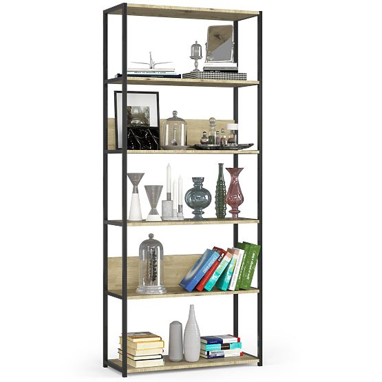 Fém loft polc 80 cm - fekete-tölgy artisan - 6 polc
