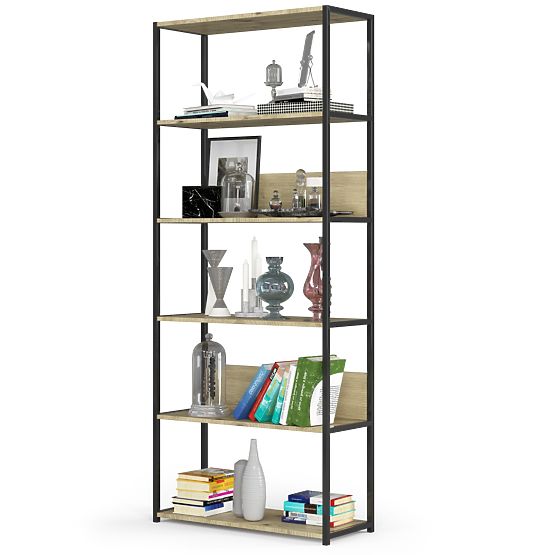 Fém loft polc 80 cm - fekete-tölgy artisan - 6 polc