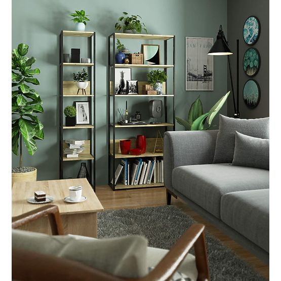 Fém loft polc 80 cm - fekete-tölgy artisan - 6 polc