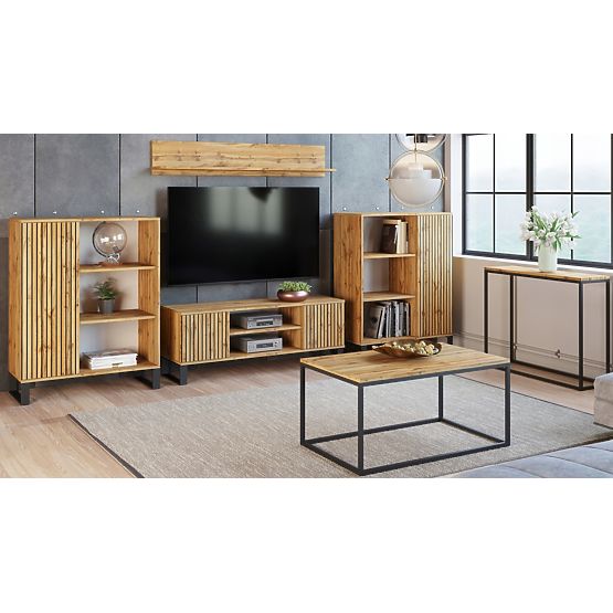 Fondi szekrény arany craft tölgy - fekete, lamella dekoráció