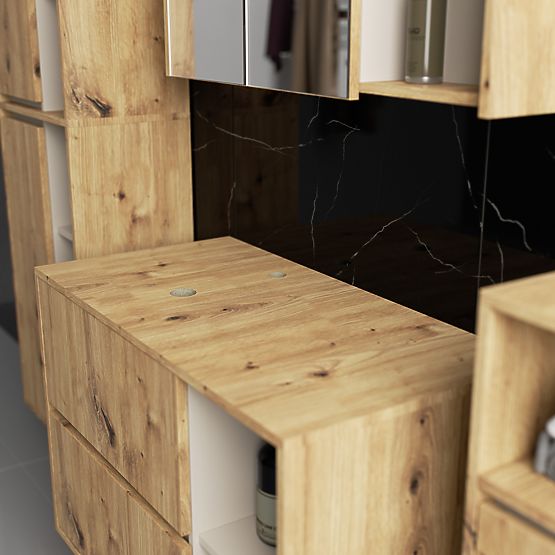 FÜGGŐ FÜRDŐSZOBAI BÚTOR SZETT NYÍLÁSOKKAL VAMI ARTISAN TÖLGY / KASMÍR