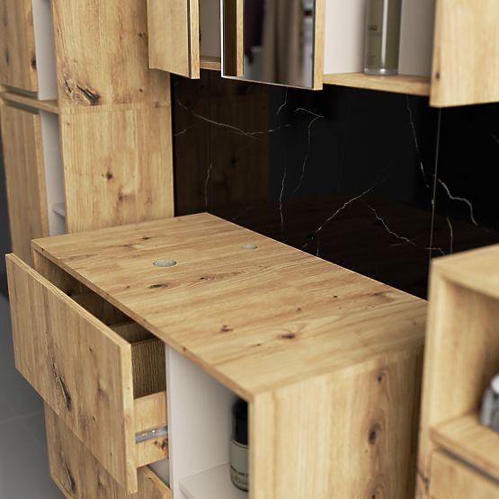 FÜGGŐ FÜRDŐSZOBAI BÚTOR SZETT NYÍLÁSOKKAL VAMI ARTISAN TÖLGY / KASMÍR