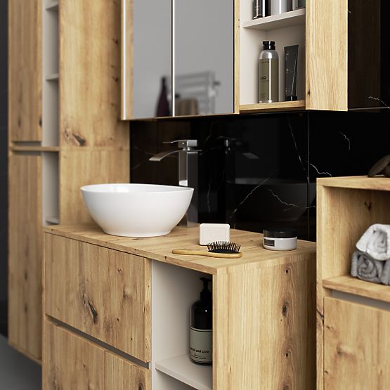 FÜGGŐ FÜRDŐSZOBAI BÚTOR SZETT NYÍLÁSOKKAL VAMI ARTISAN TÖLGY / KASMÍR