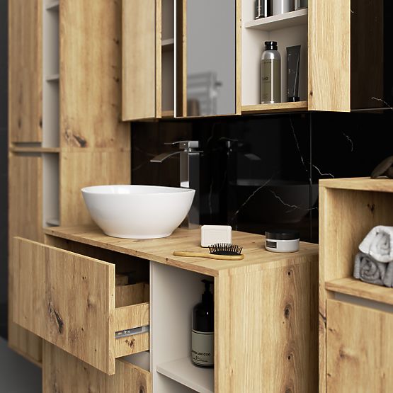 FÜGGŐ FÜRDŐSZOBAI BÚTOR SZETT NYÍLÁSOKKAL VAMI ARTISAN TÖLGY / KASMÍR