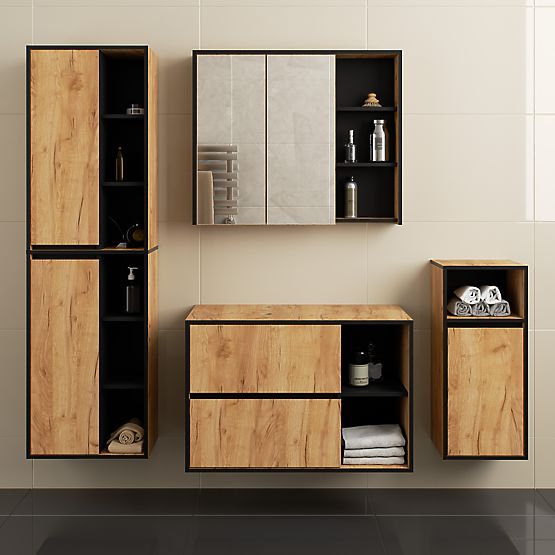 FÜGGŐ FÜRDŐSZOBAI BÚTOR SZETT NYÍLÁSOKKAL VAMI CRAFT TÖLGY / FEKETE