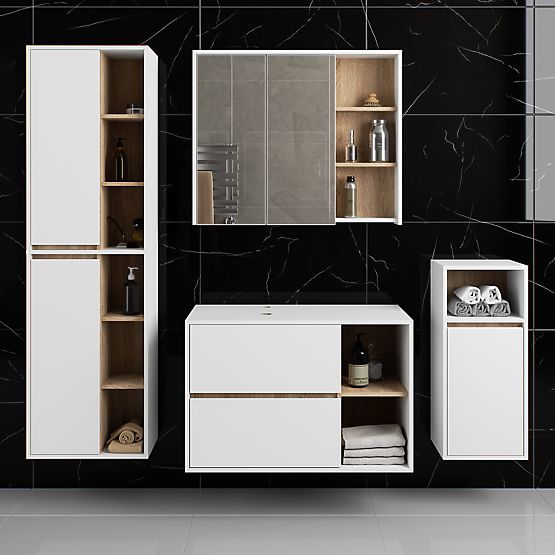 FÜGGŐ FÜRDŐSZOBAI BÚTOR SZETT NYÍLÁSOKKAL VAMI FEHÉR / SONOMA TÖLGY