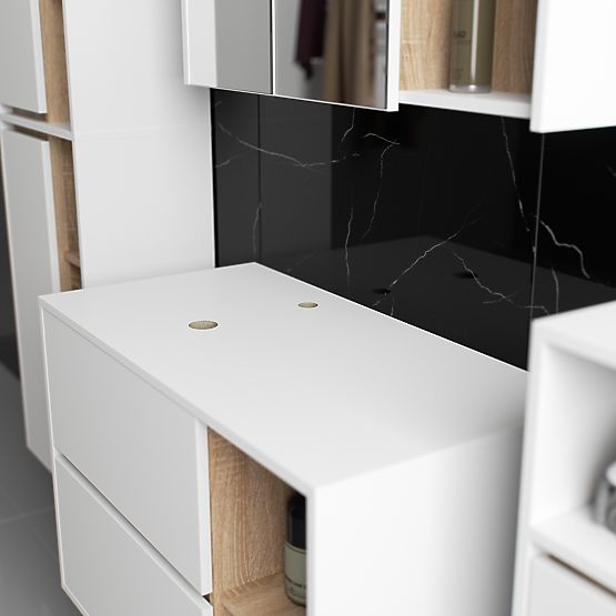 FÜGGŐ FÜRDŐSZOBAI BÚTOR SZETT NYÍLÁSOKKAL VAMI FEHÉR / SONOMA TÖLGY