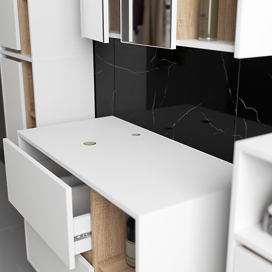 FÜGGŐ FÜRDŐSZOBAI BÚTOR SZETT NYÍLÁSOKKAL VAMI FEHÉR / SONOMA TÖLGY