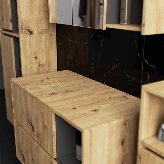 FÜGGESZTETT FÜRDŐSZOBAI BÚTOR SZETT NYÍLÁSOKKAL VAMI ARTISAN TÖLGY / GRAFIT SZÜRKE