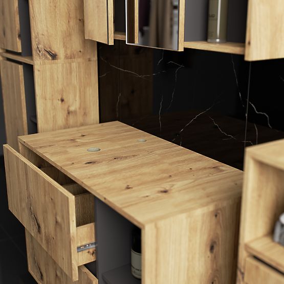 FÜGGESZTETT FÜRDŐSZOBAI BÚTOR SZETT NYÍLÁSOKKAL VAMI ARTISAN TÖLGY / GRAFIT SZÜRKE