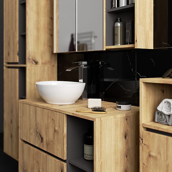 FÜGGESZTETT FÜRDŐSZOBAI BÚTOR SZETT NYÍLÁSOKKAL VAMI ARTISAN TÖLGY / GRAFIT SZÜRKE