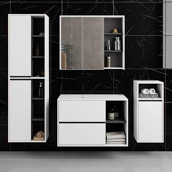 FÜGGESZTETT FÜRDŐSZOBAI BÚTOR SZETT NYÍLÁSOKKAL VAMI FEHÉR / GRAFIT SZÜRKE