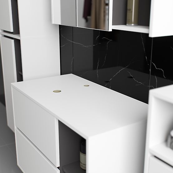 FÜGGESZTETT FÜRDŐSZOBAI BÚTOR SZETT NYÍLÁSOKKAL VAMI FEHÉR / GRAFIT SZÜRKE