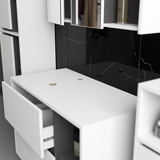 FÜGGESZTETT FÜRDŐSZOBAI BÚTOR SZETT NYÍLÁSOKKAL VAMI FEHÉR / GRAFIT SZÜRKE