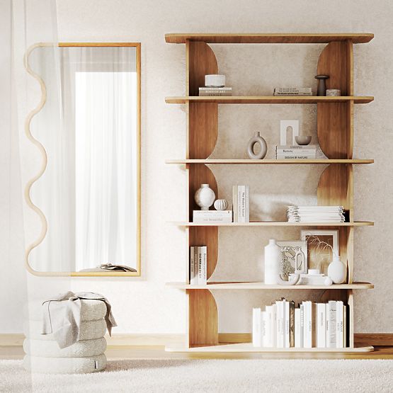 Függő tükör hullámos keretben Noelie, 140x70 cm, téglalap alakú, paulownia fa, természetes