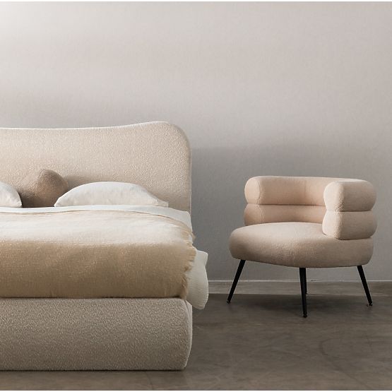 Kárpitozott Derry ágy 160x200 cm, ráccsal és tárolóval, lekerekített, bézs