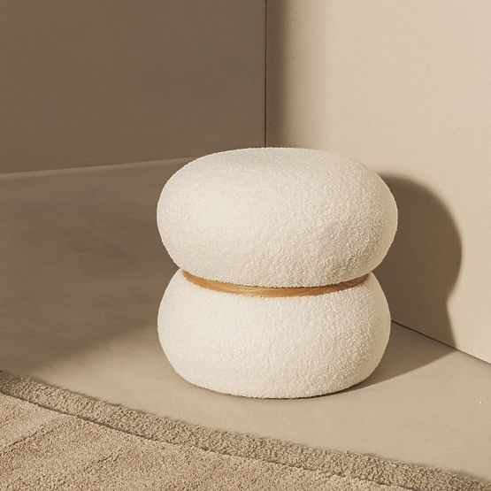 Kárpitozott Muss puff, kerek, fehér, boucle
