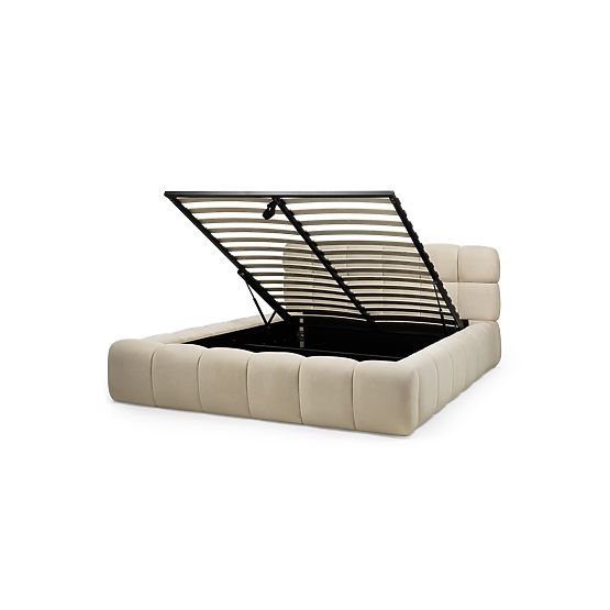 Kárpitozott Nexo ágy 160x200 cm, ráccsal és tárolóval, világos bézs, lekerekített formák