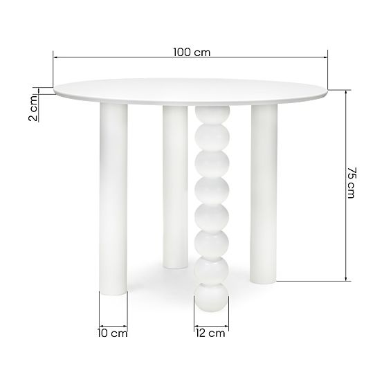 Kerek Bolla asztal 100 cm, bükk furnér, fehér, dekoratív láb gömbökkel