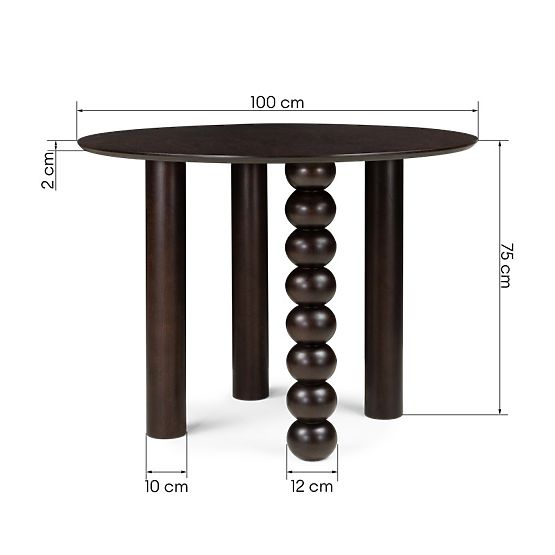 Kerek Bolla asztal 100 cm, tölgy furnér, dió, dekoratív láb gömbökkel
