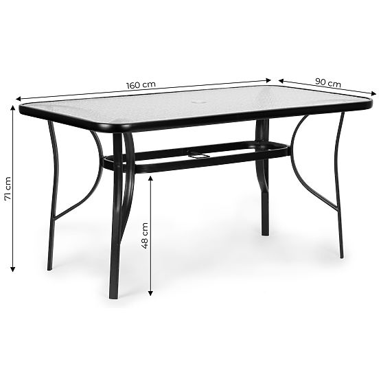 Kerti asztal 160x90 cm edzett üveg nagy lap teraszra kertbe napernyő nyílással MultiGarden