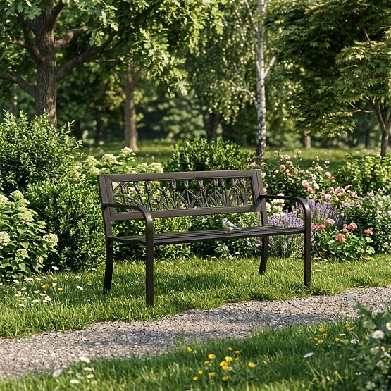 Kerti pad dekoratív háttámlával 120x50 cm fém park fekete MultiGarden
