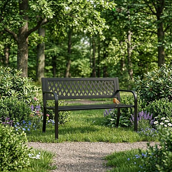 Kerti pad rácsos háttámlával 120x50 cm fém park fekete MultiGarden