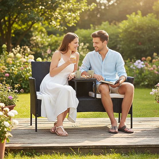 Kerti pad technorattan kanapé CORDOBA fekete bézs párnákkal
